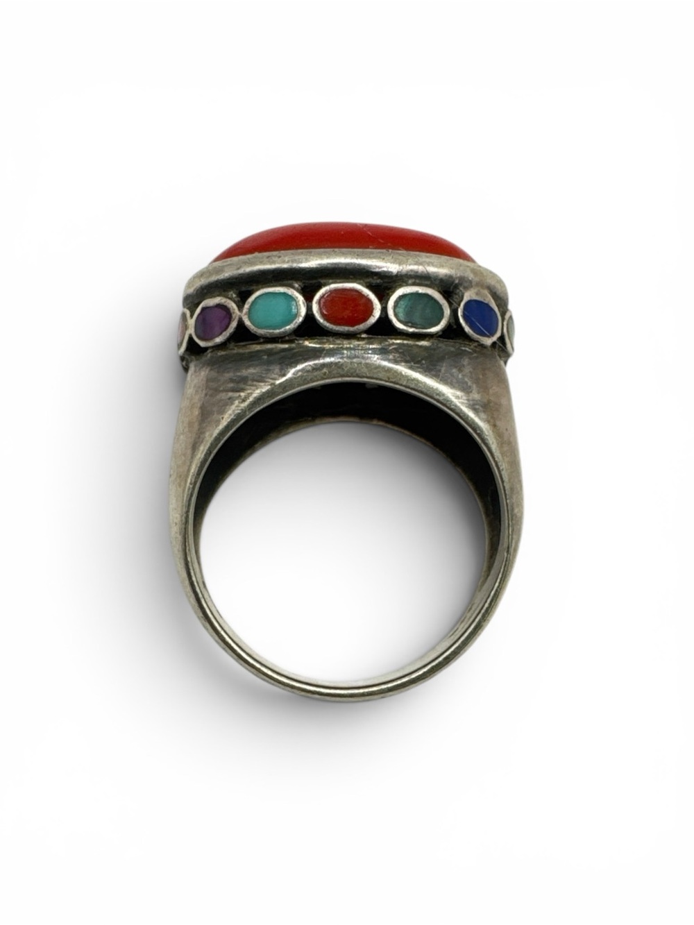 Vintage Southwest Sterling Silver Red Coral Multi Stone Inlay Cocktail Ring 7